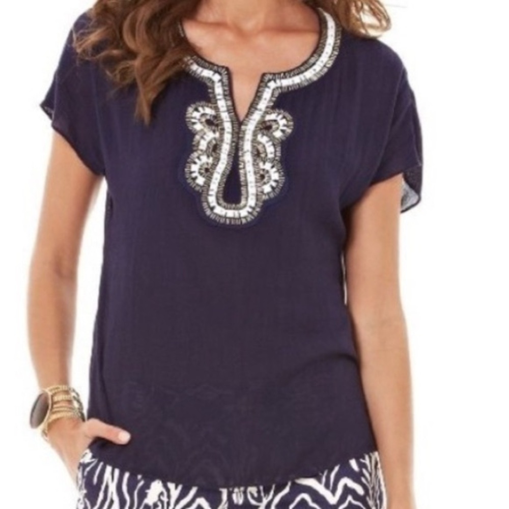 NWT LILLY PULITZER NAVY VALENCIA TOP WHITE AND GOLD BEADS.  STUNNING